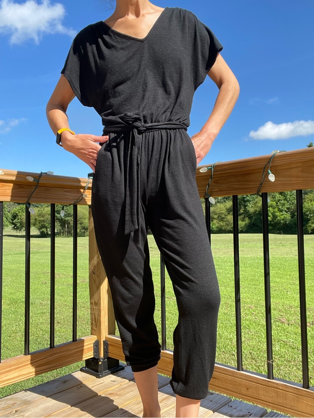 GAP Black Short-Sleeve Tie-Waist Jumpsuit